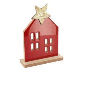 Beauty Home Къщичка със звезда от лакирано дърво, Червено и Златно 12×16,5x4cm