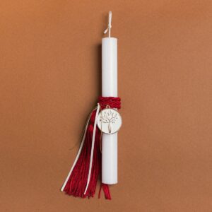 Beauty Home Великденска свещ 33cm с червен пискюл и бяло Дърво на живота в подаръчна опаковка